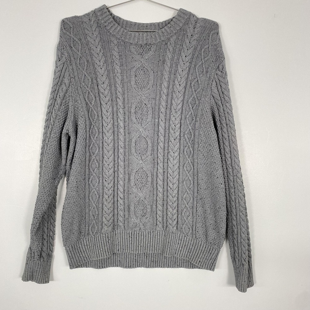 L.L.Bean Sweater Womens XL Gray CableKnit Organic Cotton Crew Pullover Fisherman